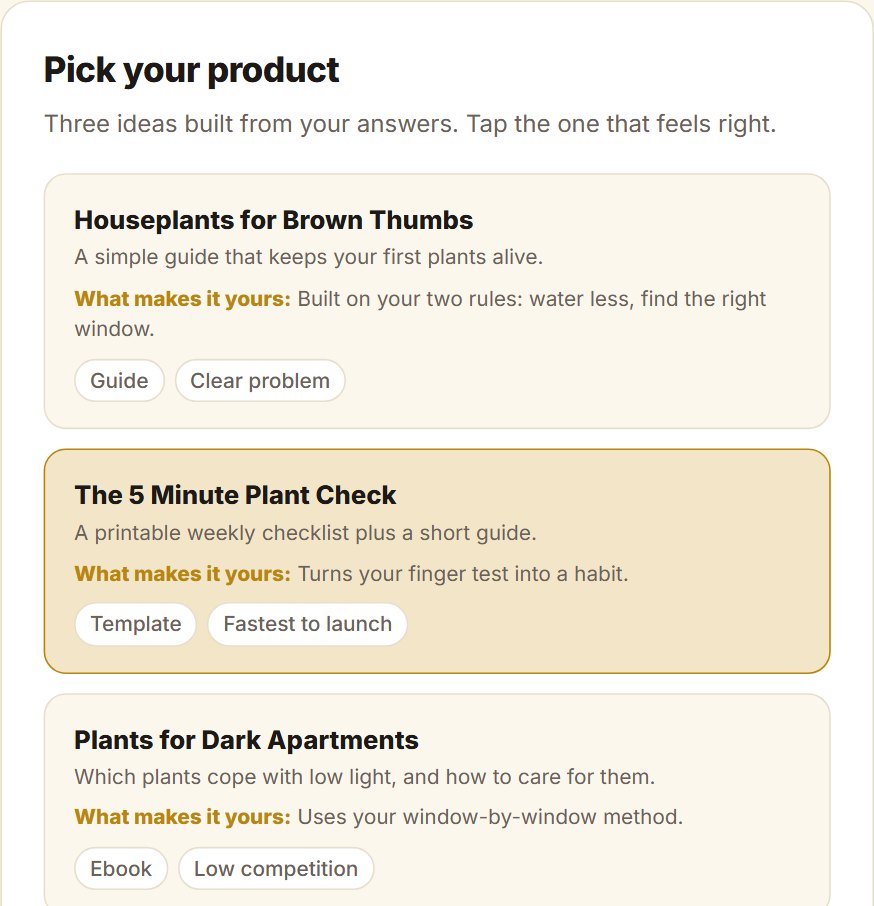 Three product ideas, each with a reason it is yours