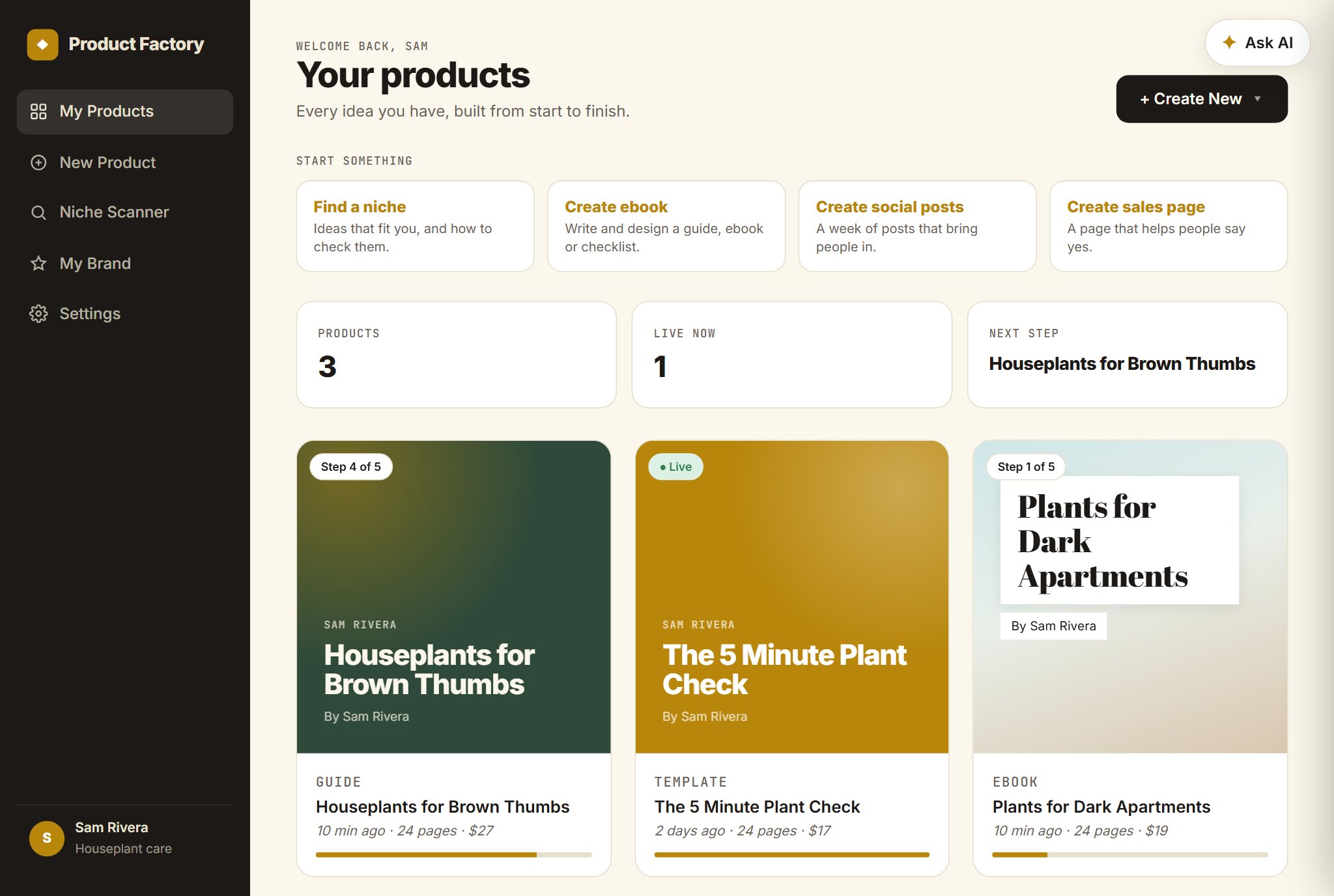 The Product Factory library showing three example products with covers