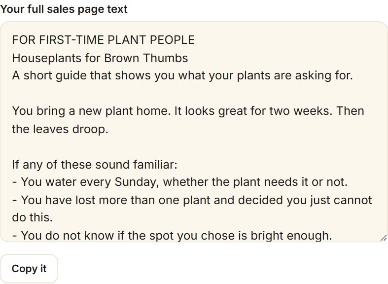 The sales page text screen with the full sales words and a copy button
