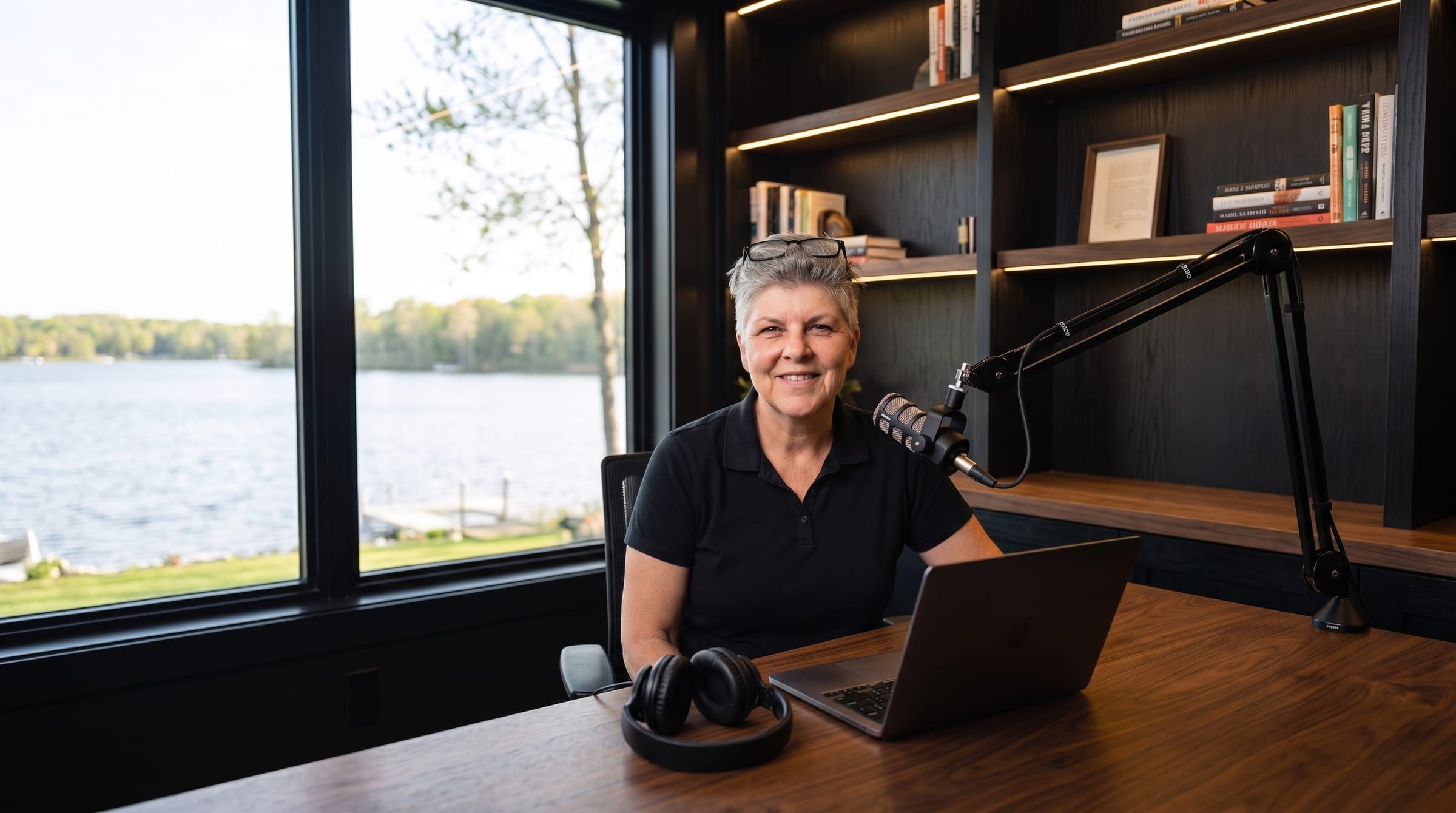 Josée at her desk with a laptop and microphone